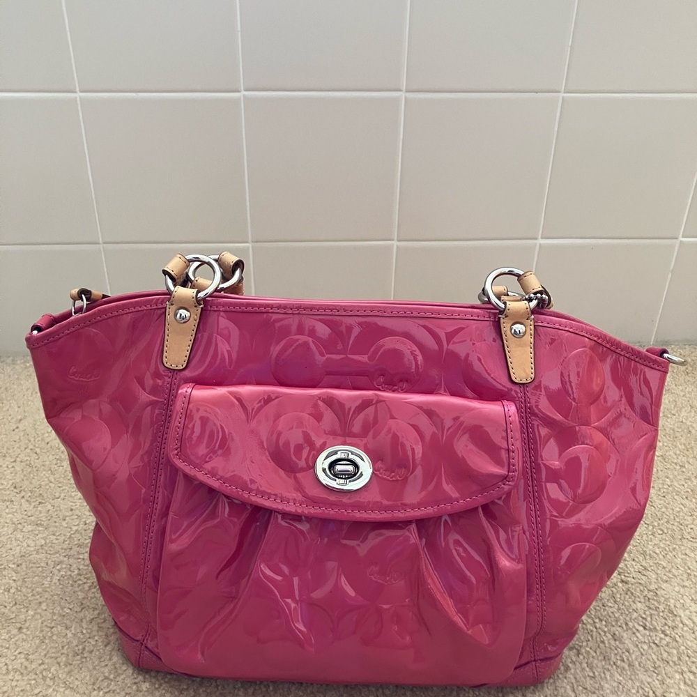 Coach Pink Patent Tote Peyton Handbag with Turn-Lock Pocket
